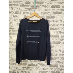 POL Sweatshirt Size Medium Blue Crewneck Buttons Frayed‎ Edges Casual